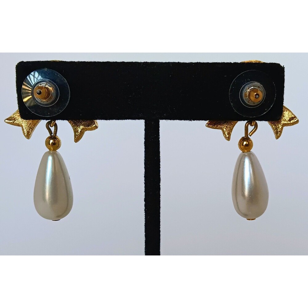 Clear Rhinestone Gold Tone Bow Faux Pearl Dangle Post Earrings Vintage 1.75 in - Picture 9 of 11